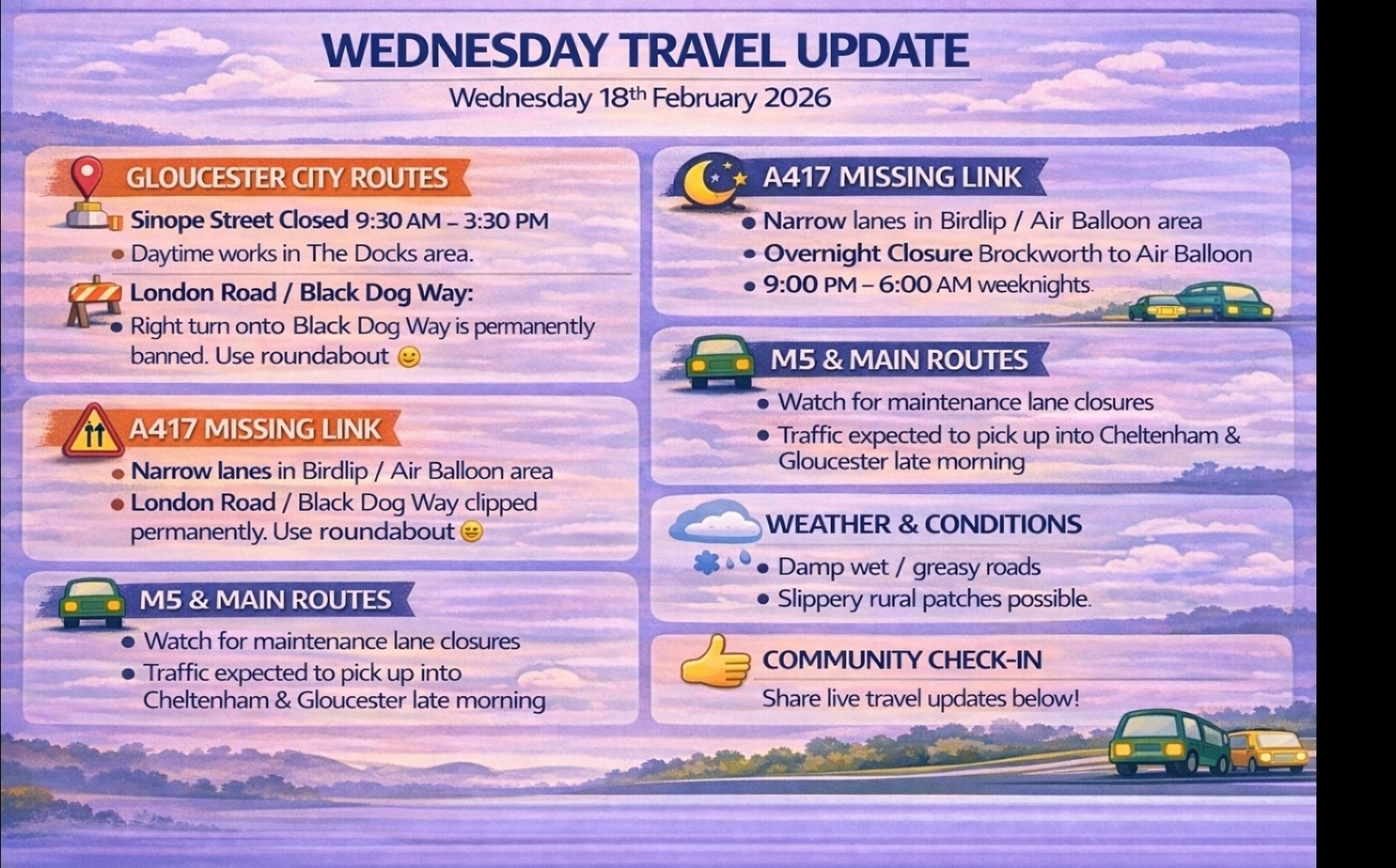 Gloucestershire Traffic & Travel Update – Wednesday 18th February 2026