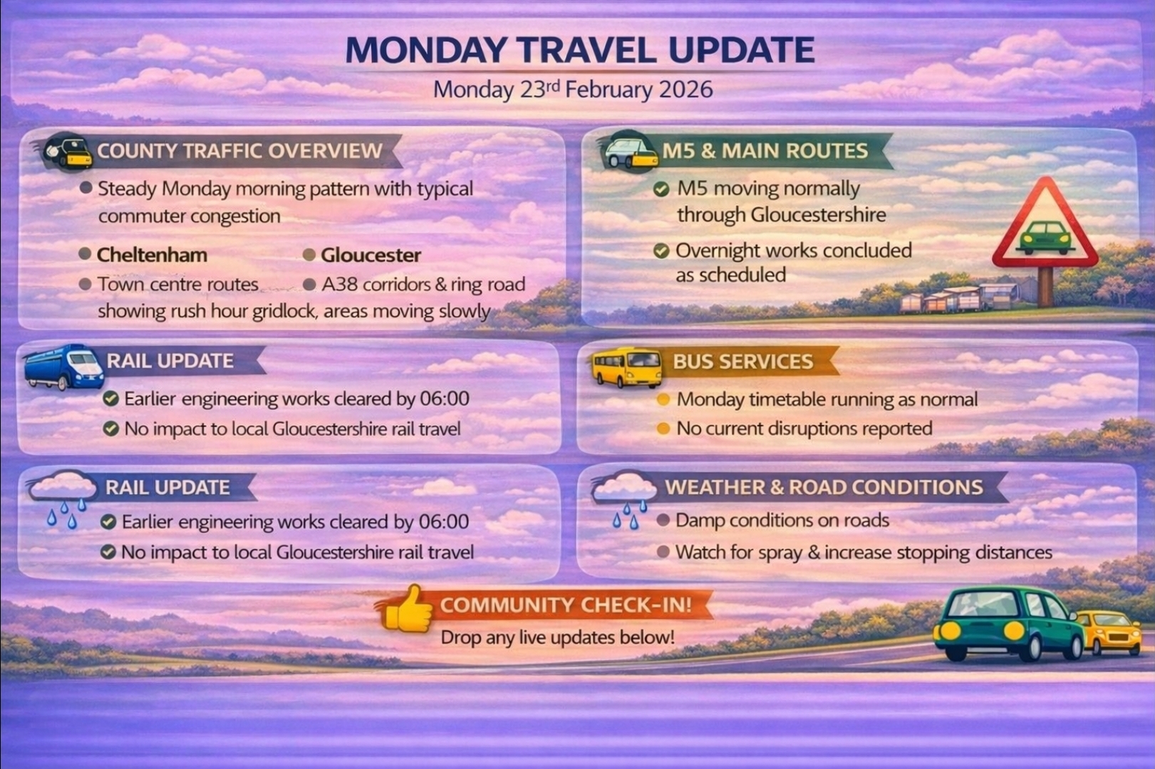 Gloucestershire Traffic & Travel Update – Monday 23rd February 2026