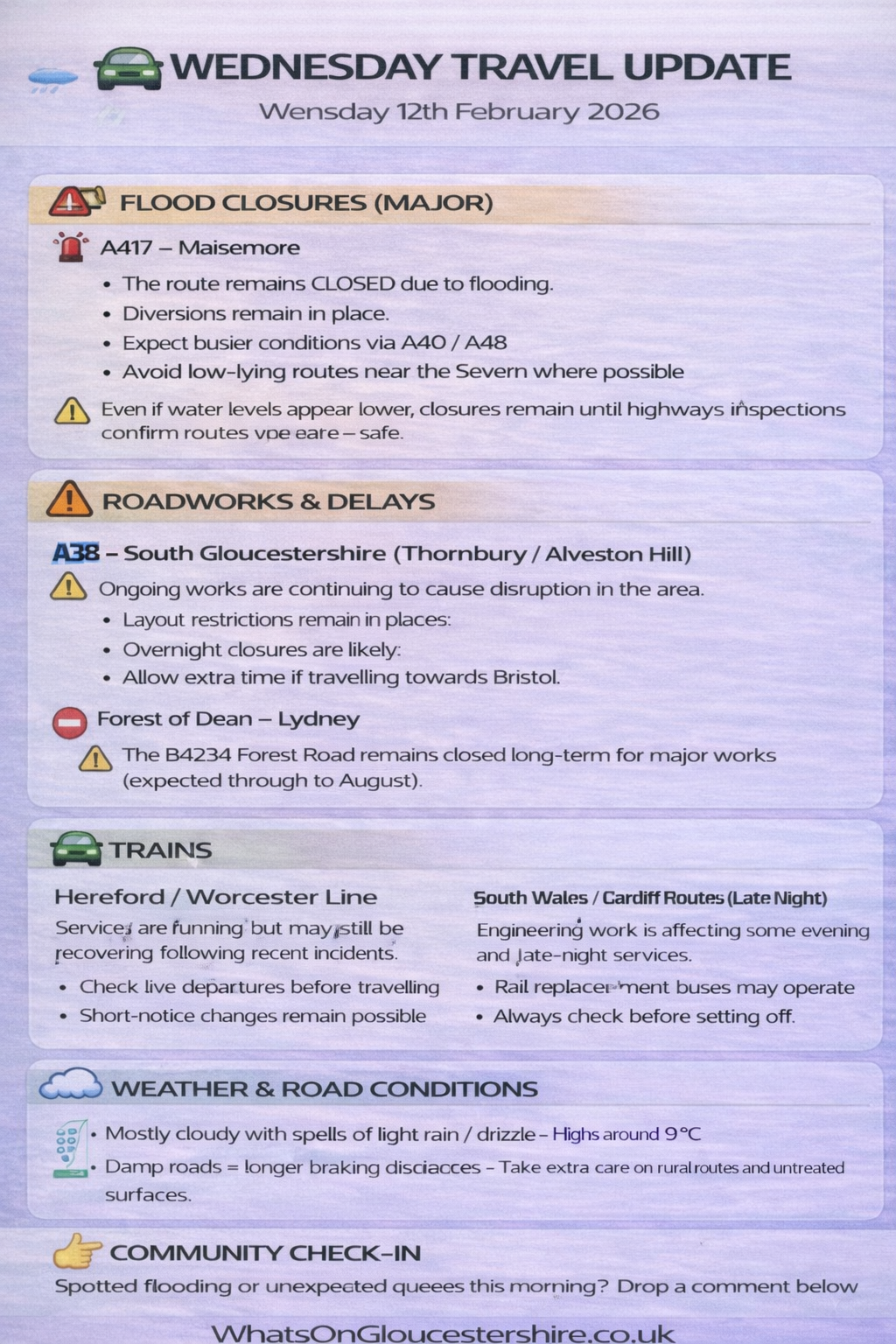 Gloucestershire Traffic & Travel Update – Thursday 12th February 2026